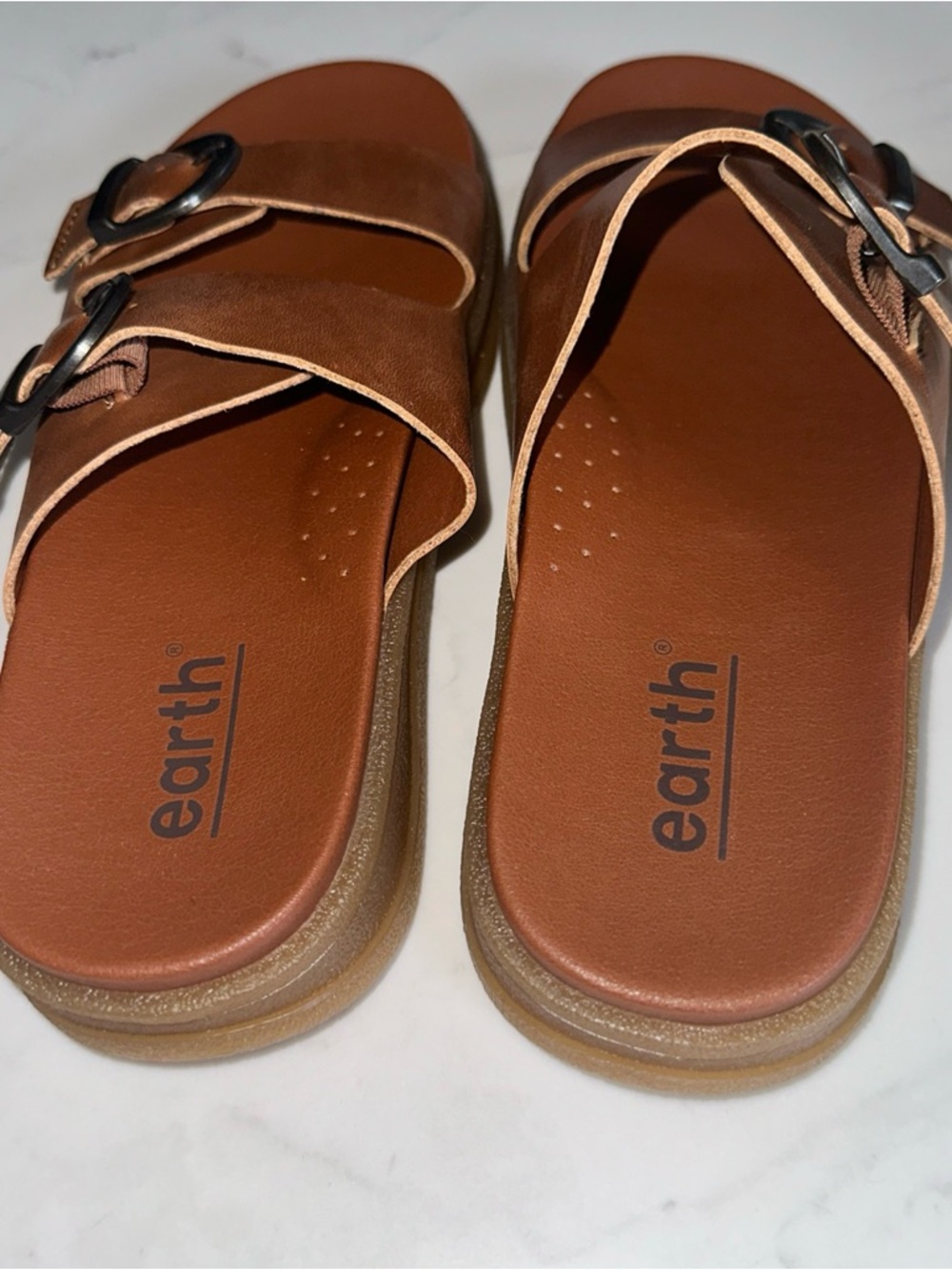 Earth Women's Tan Leather Double Buckle Slide Sandals - Picture 4 of 4